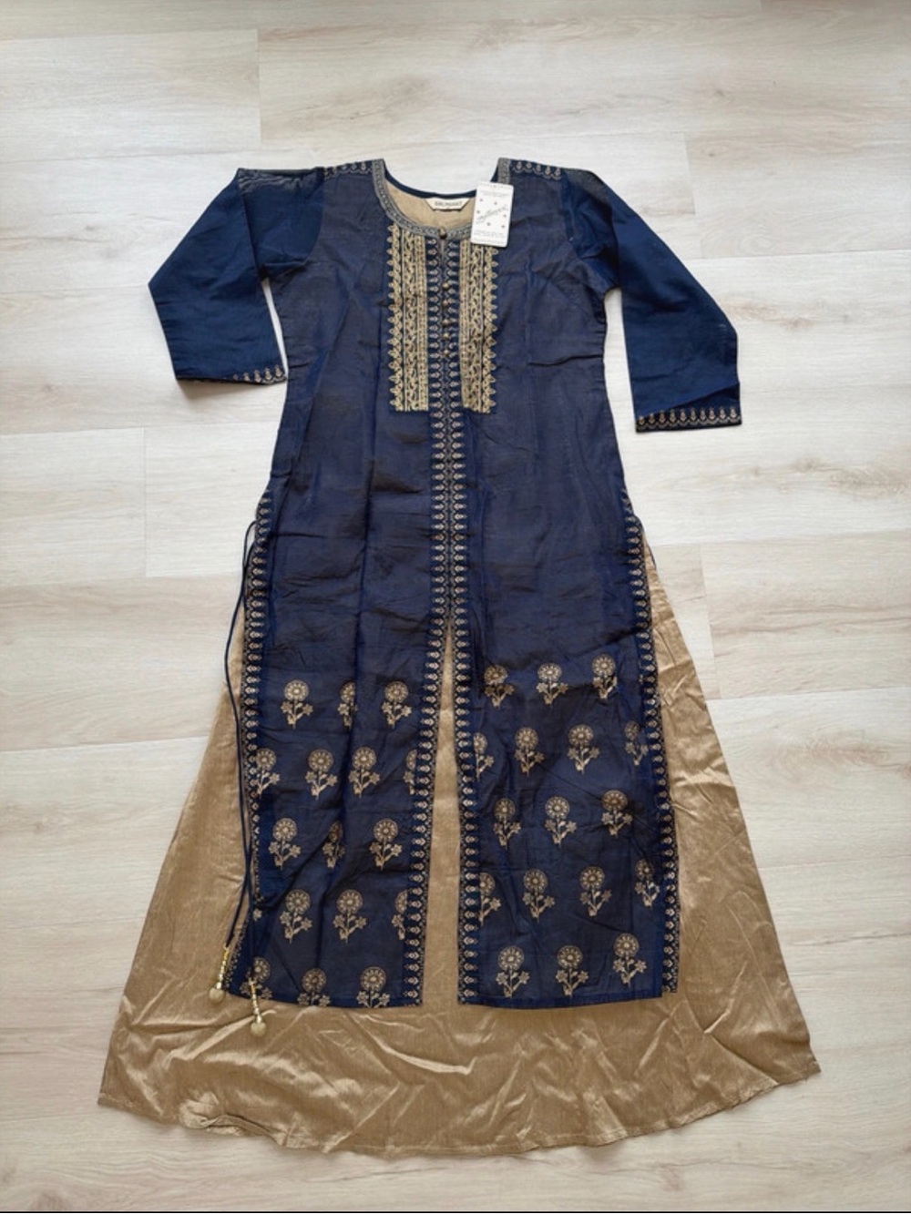 Navy Blue & Gold Embroidered Maxi Dress